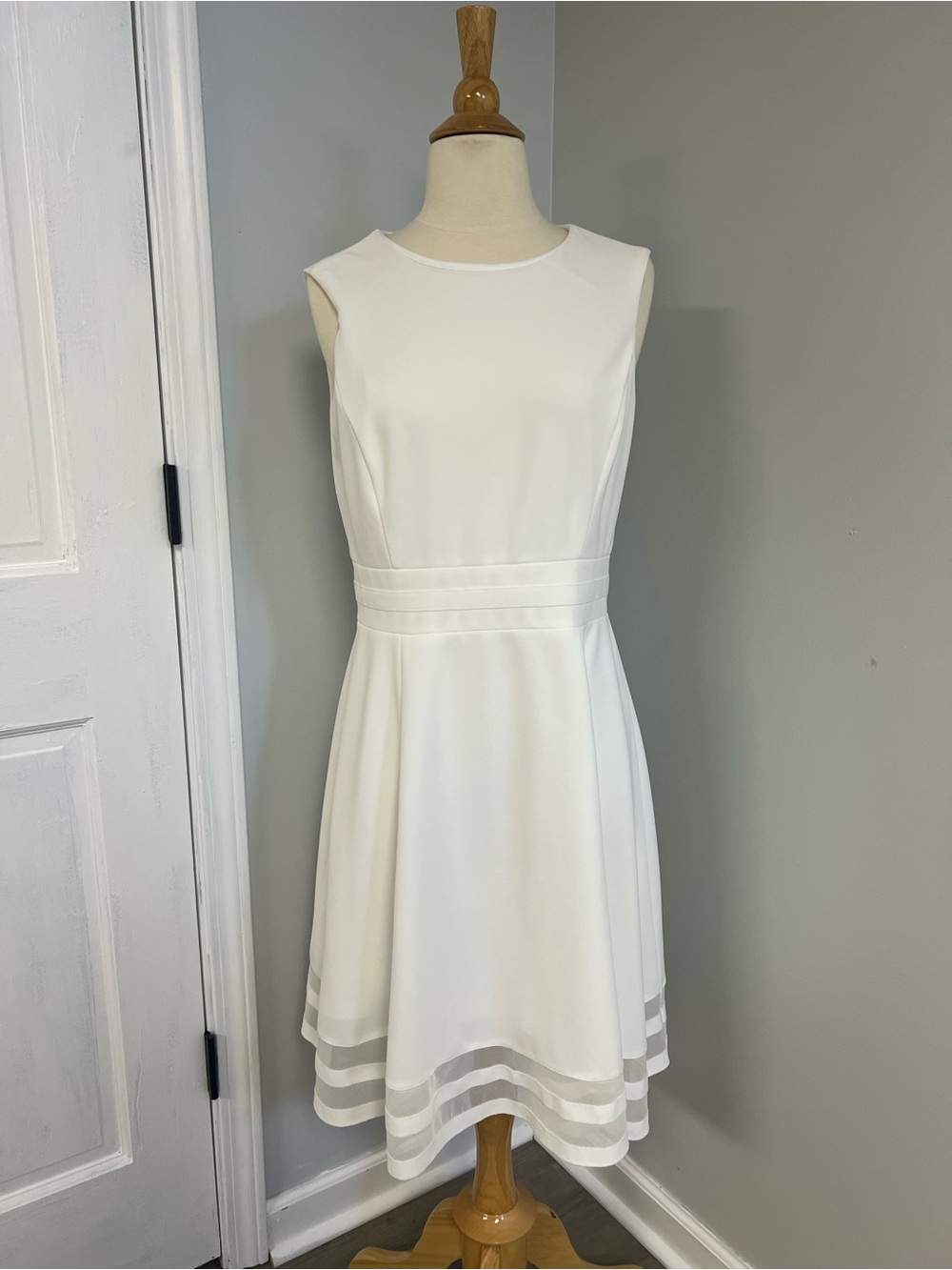 Calvin Klein White Illusion Mesh Stripe Hem Fit & Flare Dress Sleeveless Size M